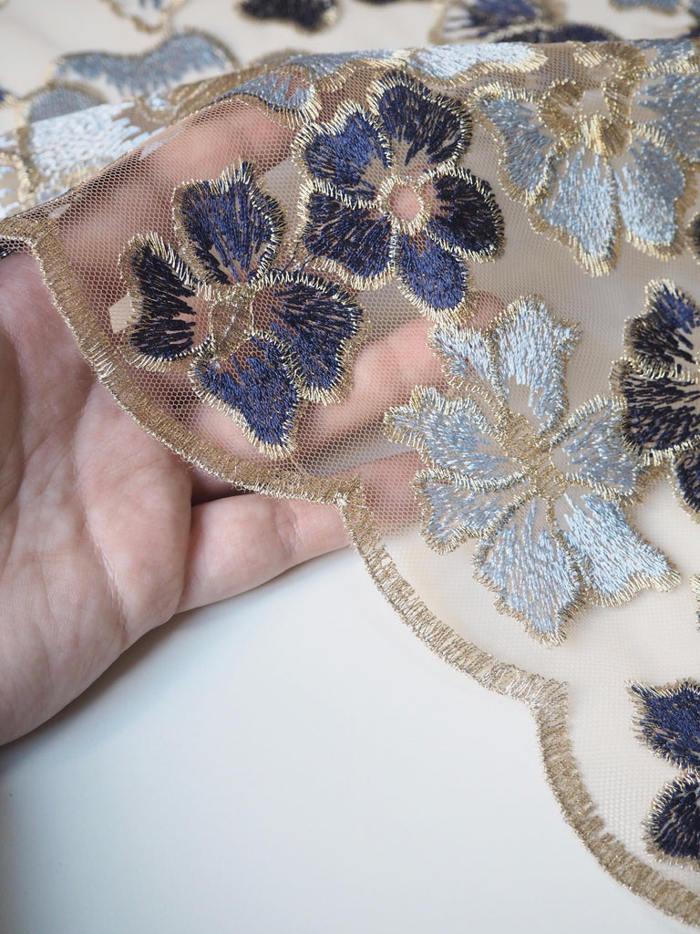 Blue + Gold Lurex Floral Embroidered Scallop Tulle