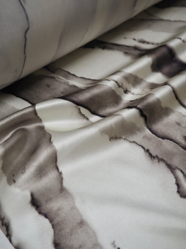 Cream + Grey Marbled Heavy Silk Satin