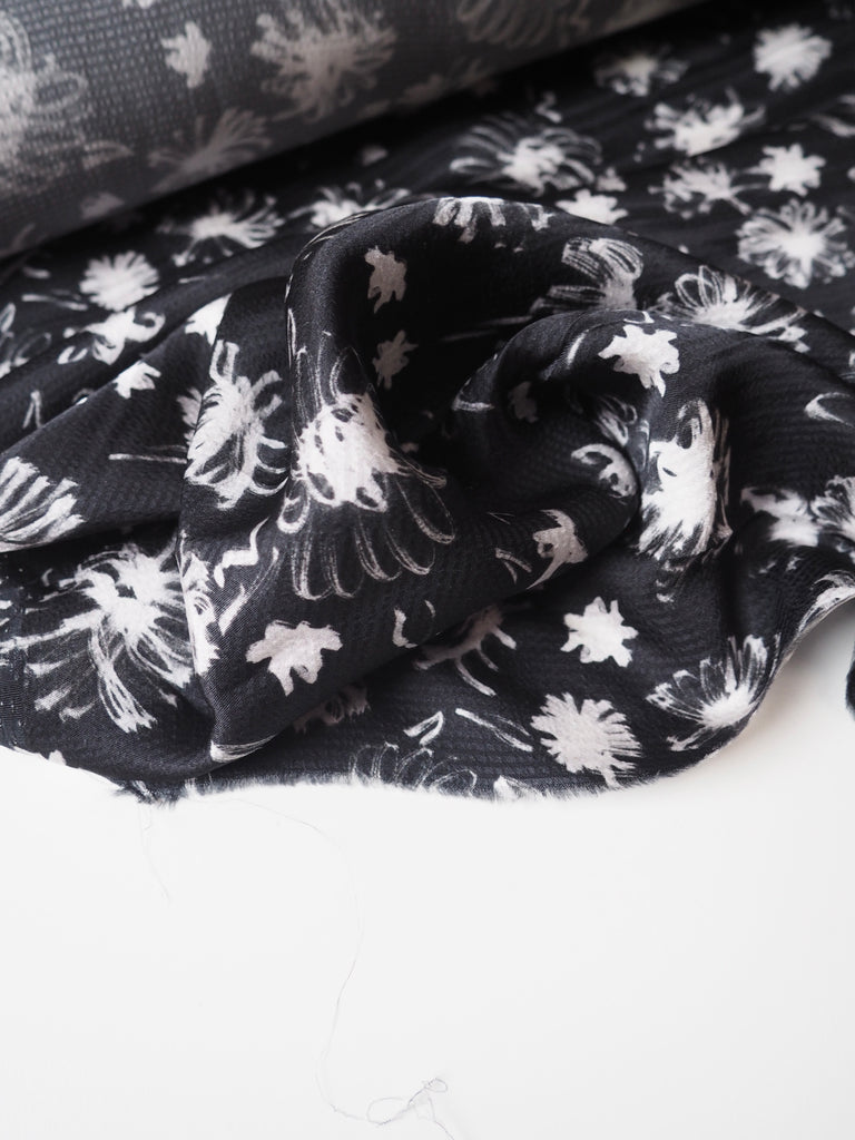 Black + White Floral Hammered Viscose Satin