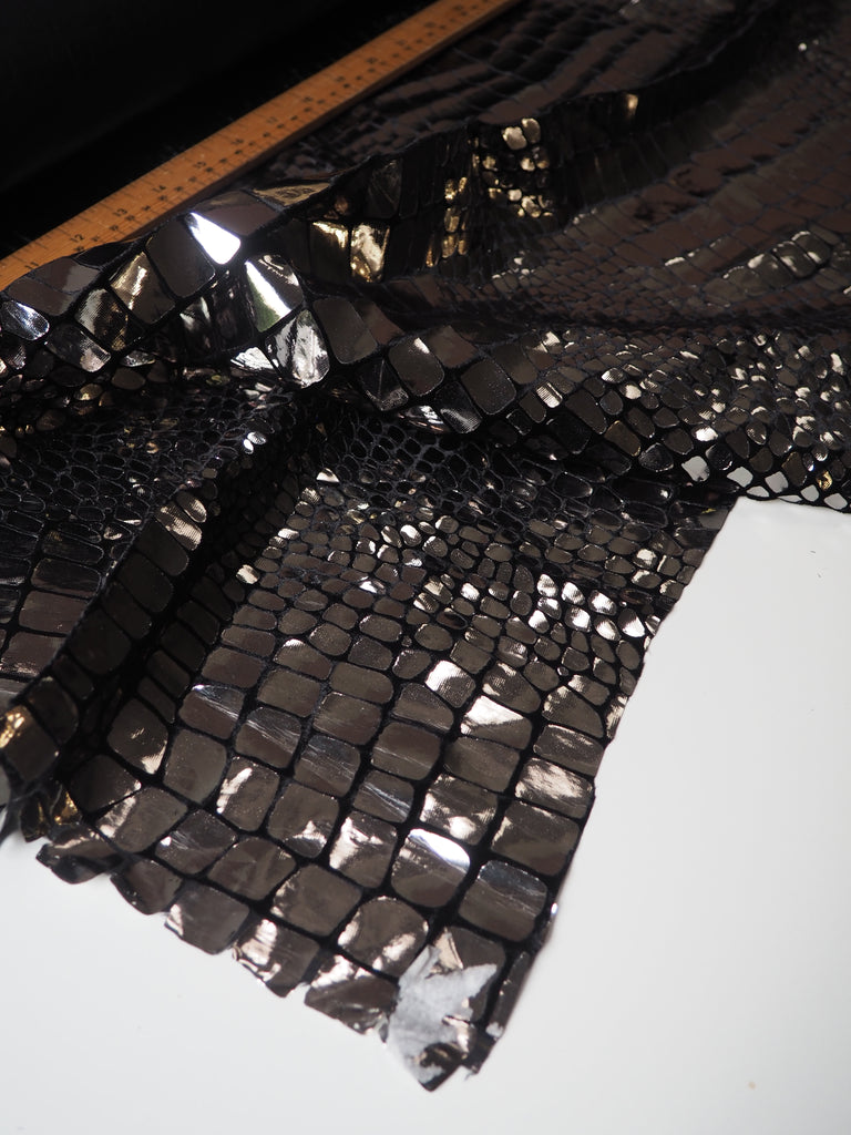 Silver Croc Foiled Black Silk/Viscose Velvet