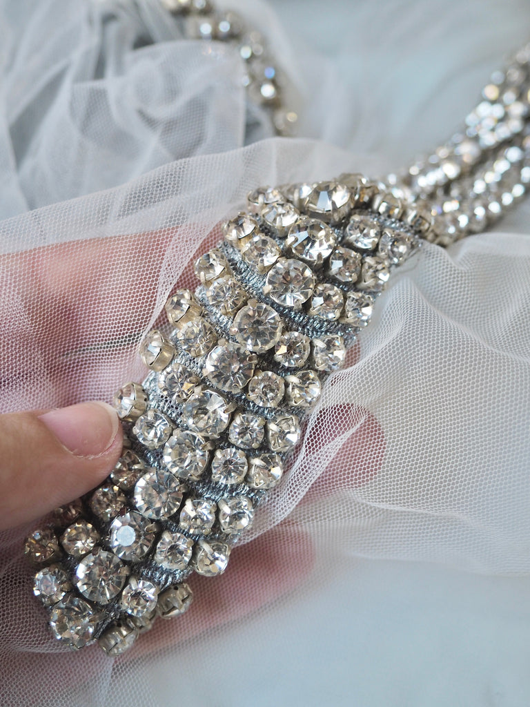 Hand Beaded Long Silver Crystal Appliqué