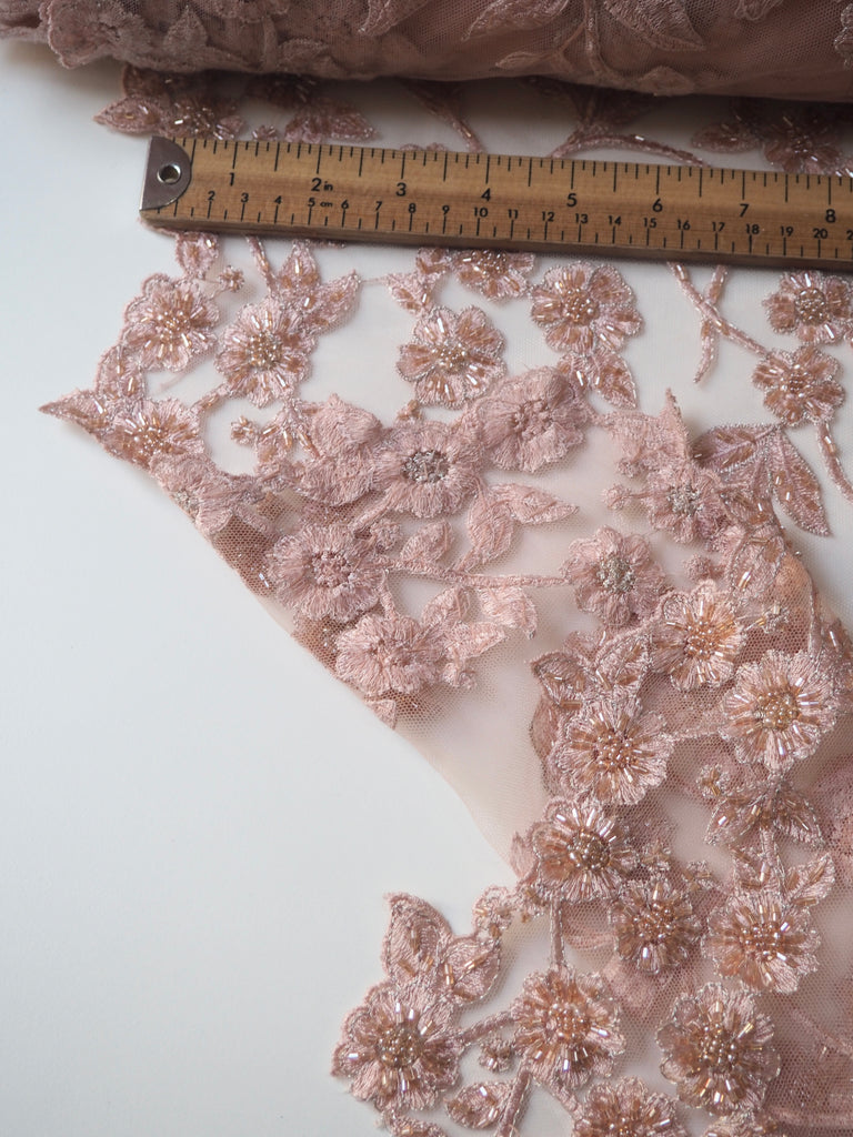 Soft Pink Lurex Beaded Embroidered Floral Tulle