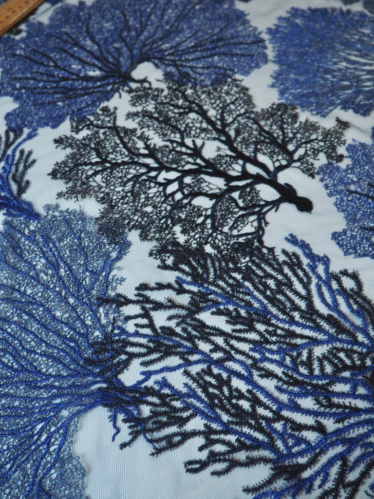Rich Indigo Coral Lurex Embroidered Tulle