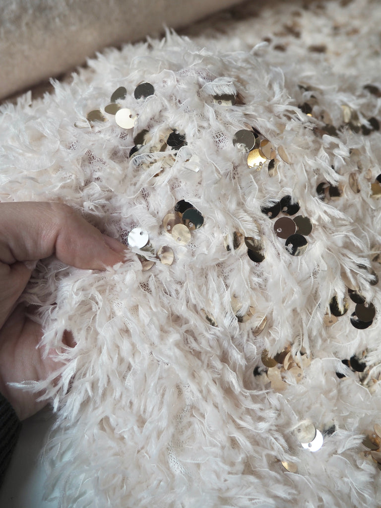Cream Feather Fringed Gold Sequin Knit