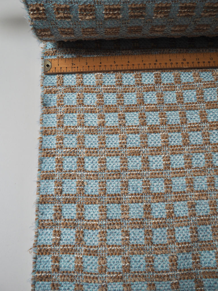 Blue + Brown Check Bouclé Wool Blend Coating
