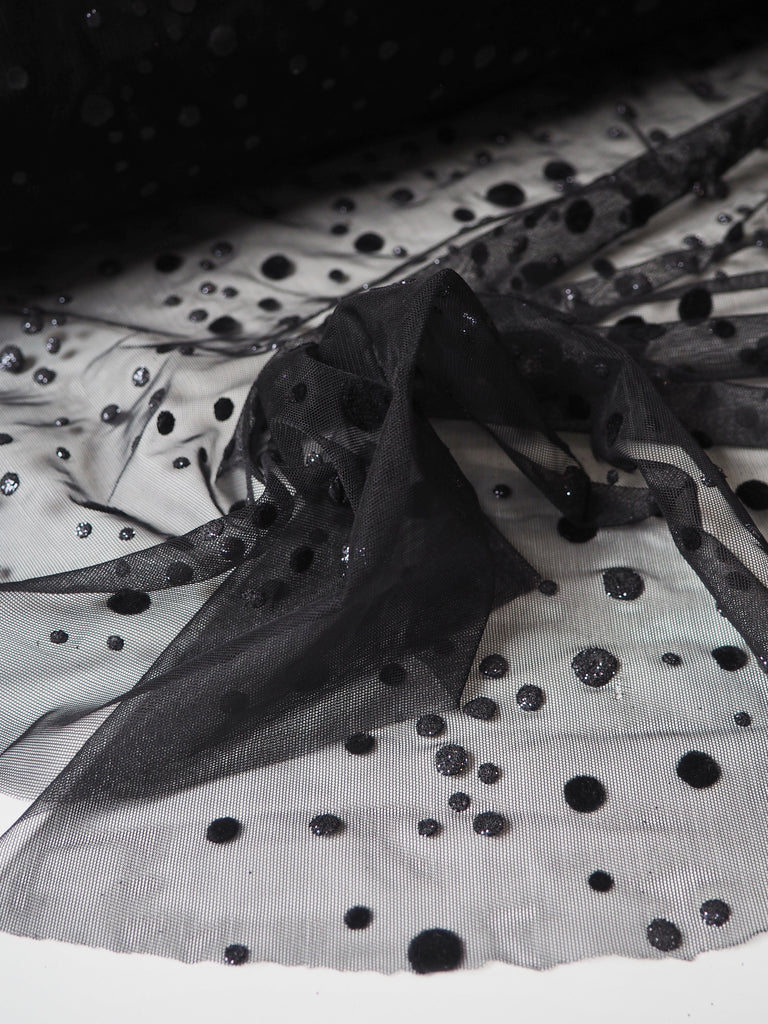 Black Flocked Dot Stretch Tulle