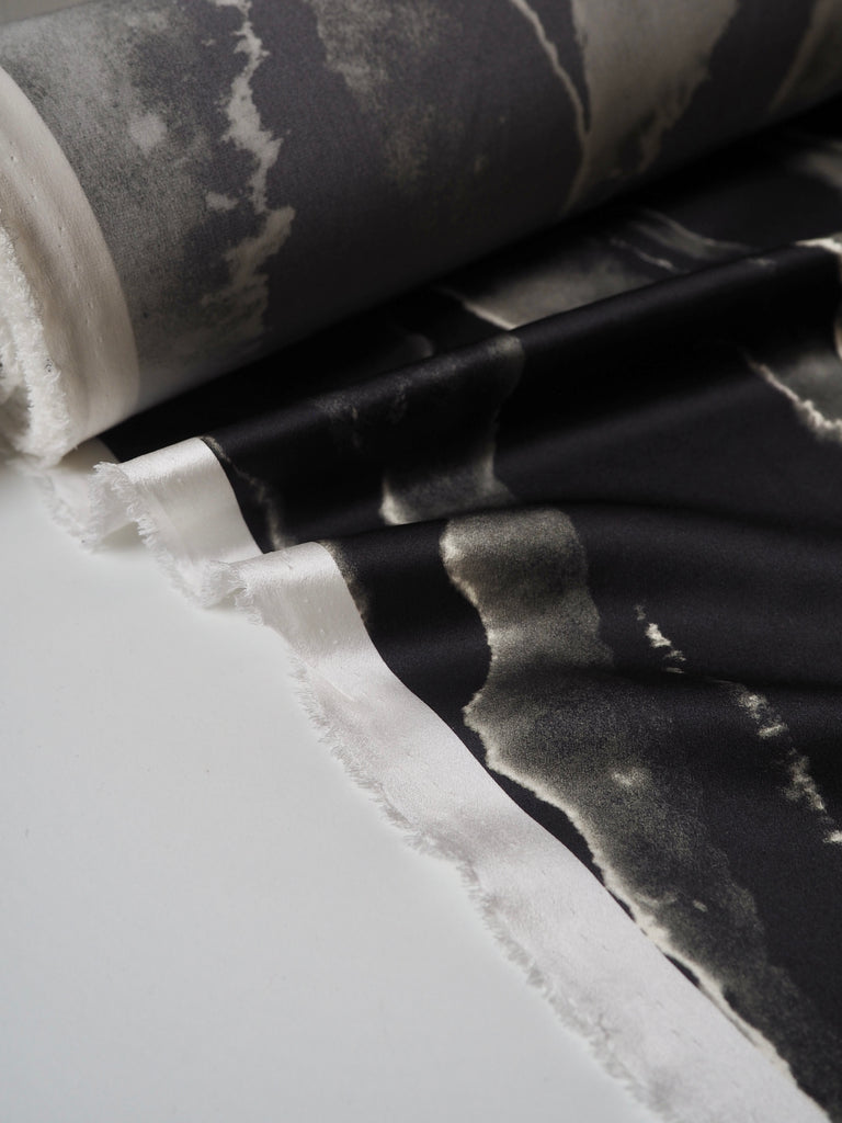 Black + Grey Marbled Heavy Silk Satin