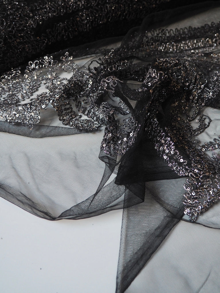 Gunmetal Lurex Embroidered Garland Tulle