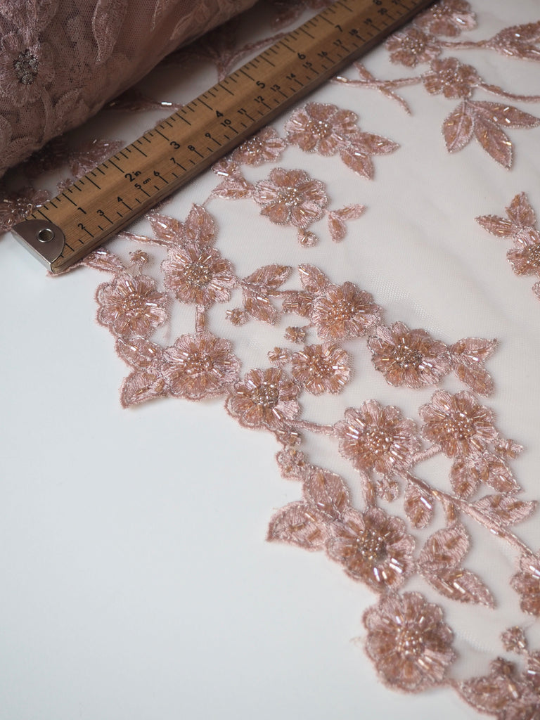 Soft Pink Lurex Beaded Embroidered Floral Tulle