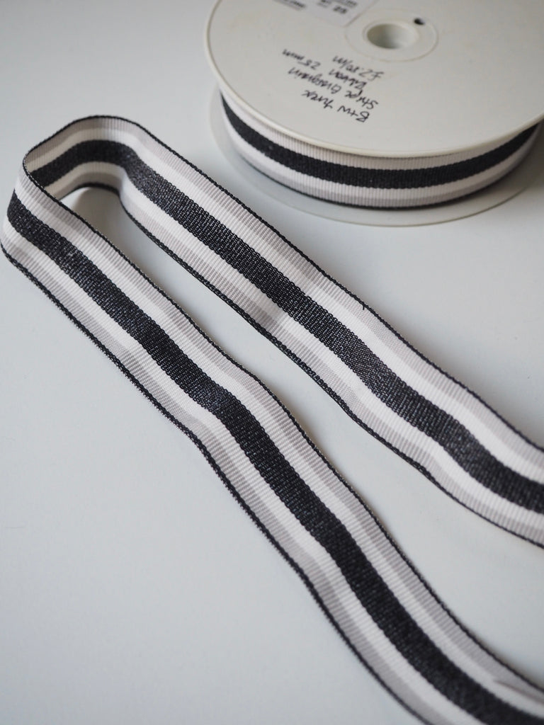 Black + White Lurex Stripe Grosgrain Ribbon 25mm