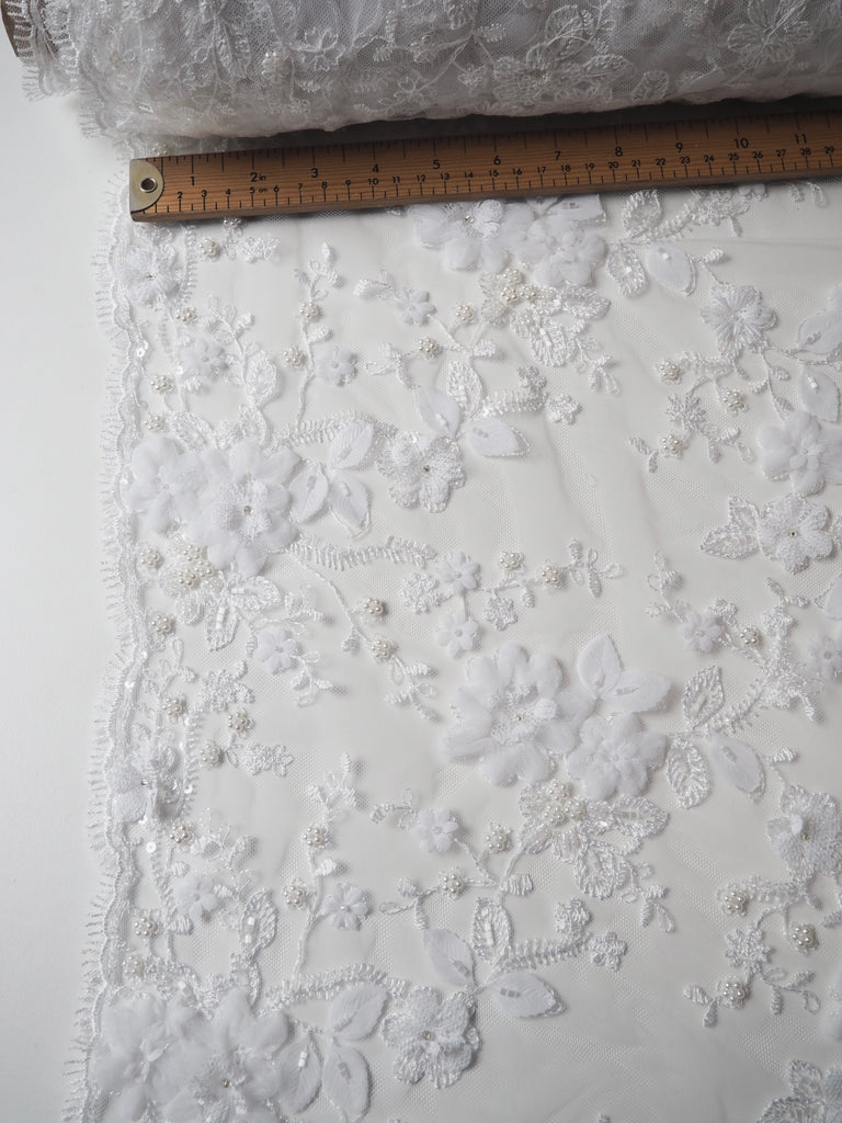 White Beaded Floral Appliqué Tulle