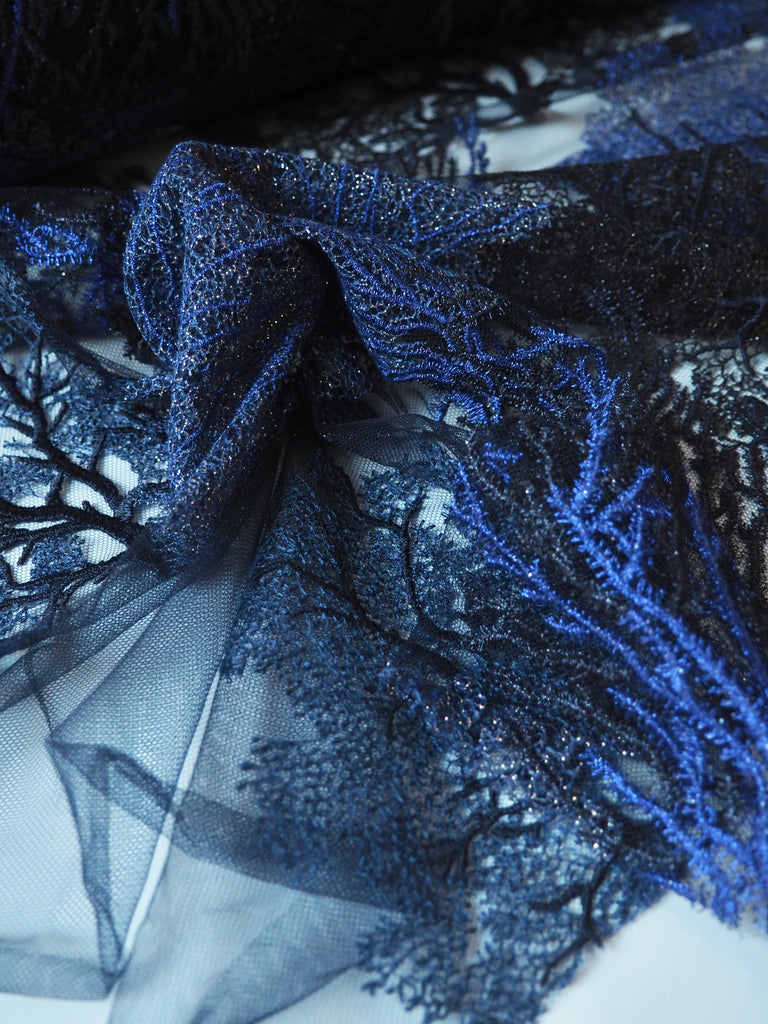 Rich Indigo Coral Lurex Embroidered Tulle