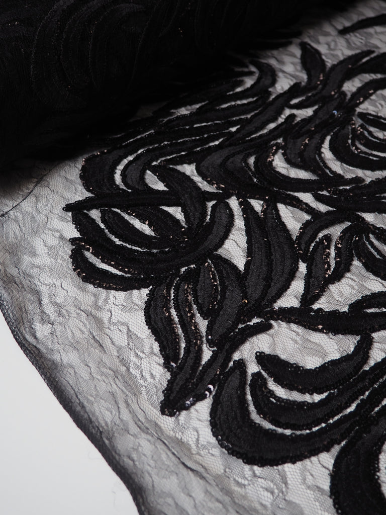 Black Trailing Vine Embroidered Sequin Lace