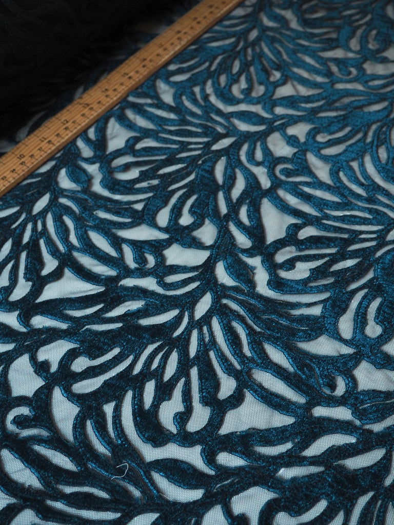 Blue Velvet Leafy Embroidered Tulle