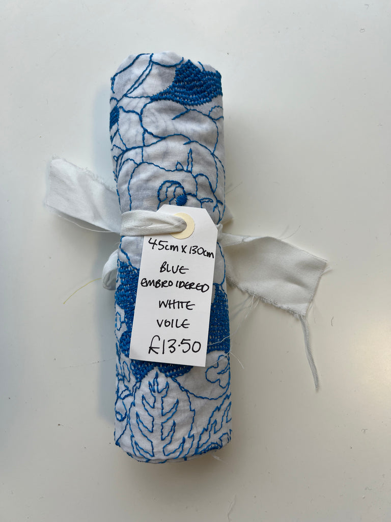 Blue Embroidered White Cotton Voile Remnant