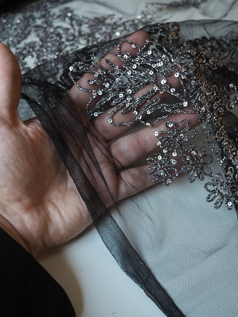 Gunmetal Lurex Embroidered Garland Tulle