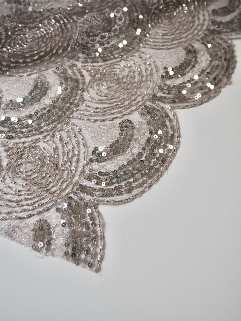 Taupe Beaded Sequin Scallop Embroidered Tulle