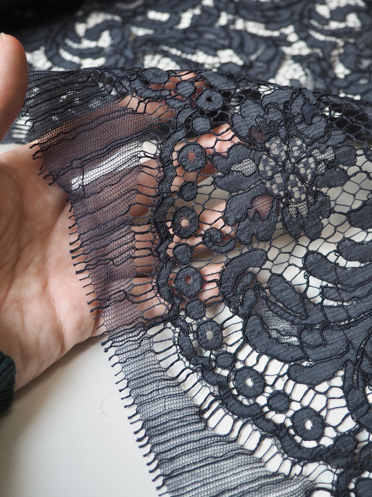 Charcoal Blue Corded Floral Cotton Lace