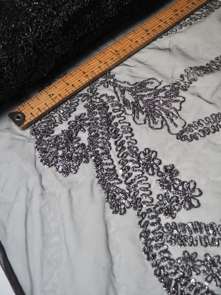 Gunmetal Lurex Embroidered Garland Tulle