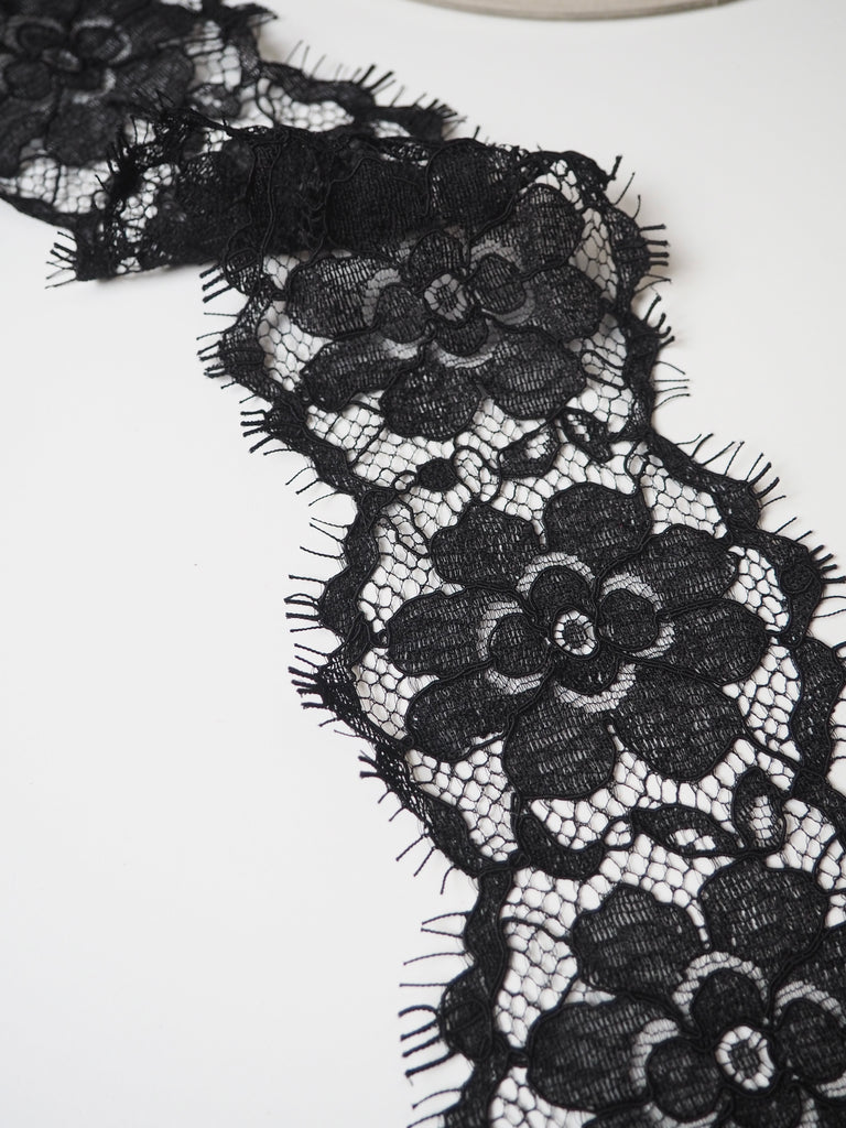 Black Corded Eyelash Double Scallop Lace Trim 12cm