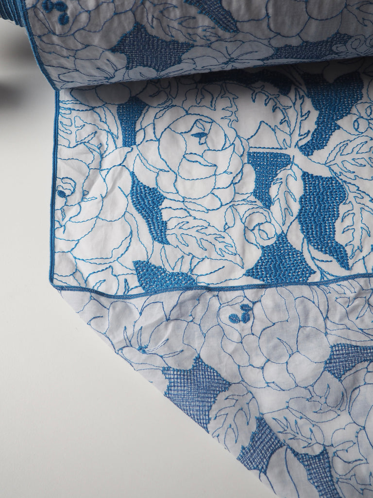 Blue Floral Embroidered Cotton Voile