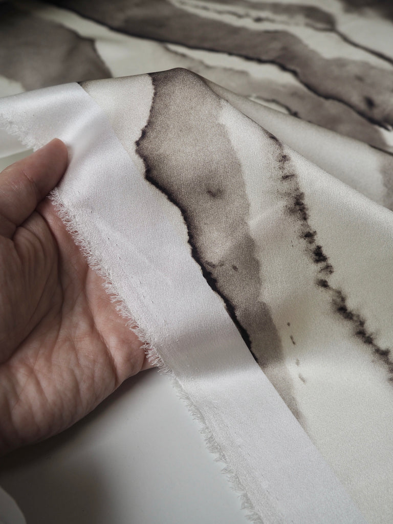 Cream + Grey Marbled Heavy Silk Satin