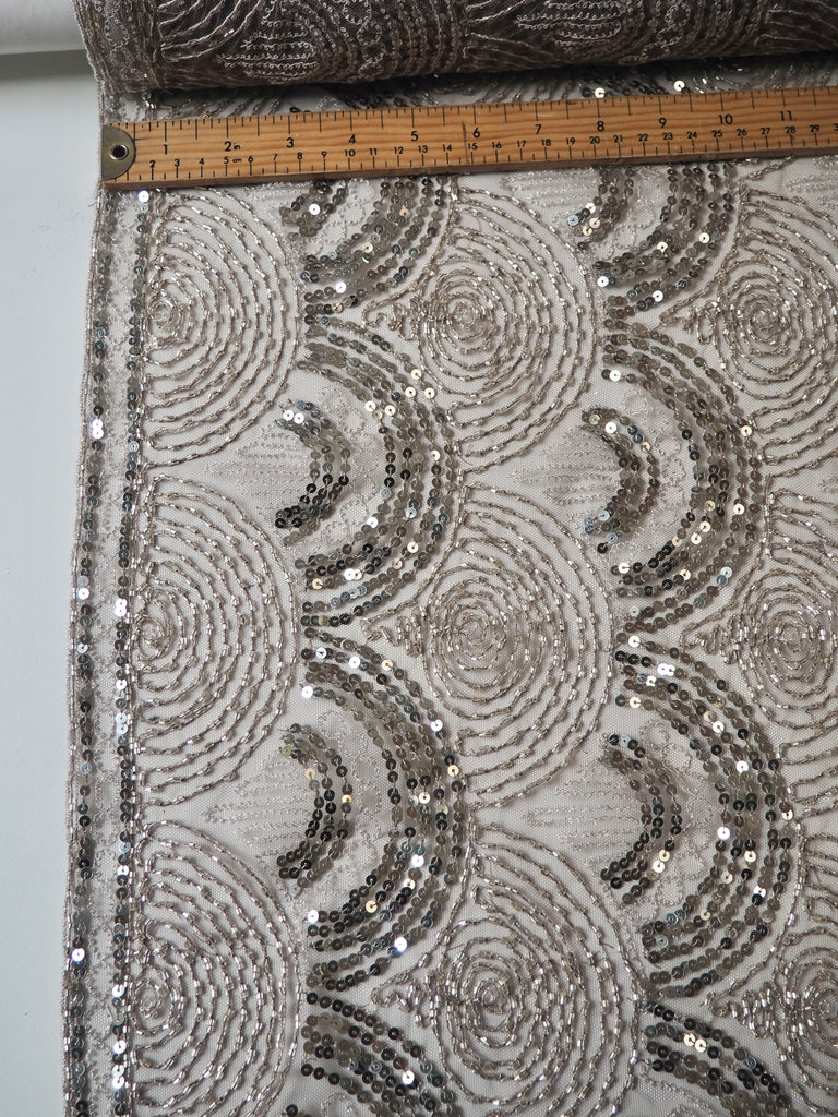 Taupe Beaded Sequin Scallop Embroidered Tulle