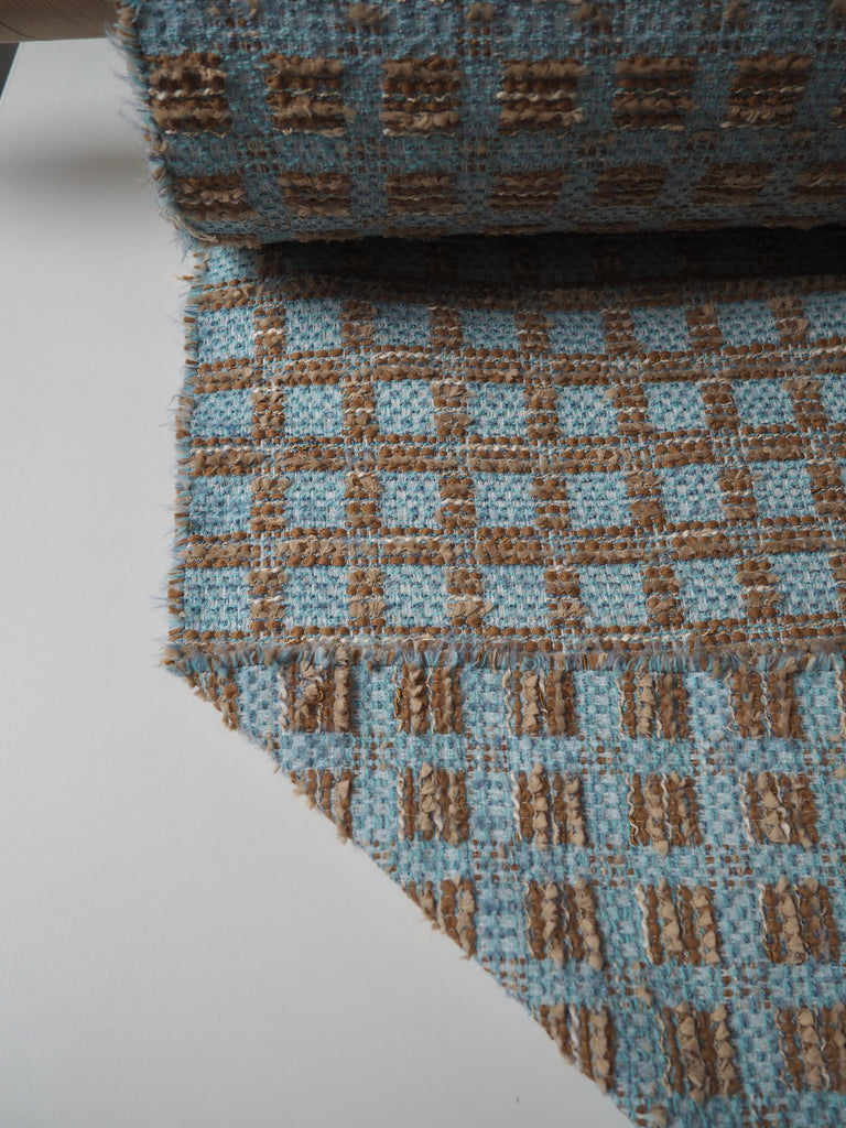 Blue + Brown Check Bouclé Wool Blend Coating