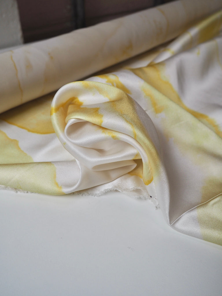 Ivory + Yellow Marbled Heavy Silk Satin