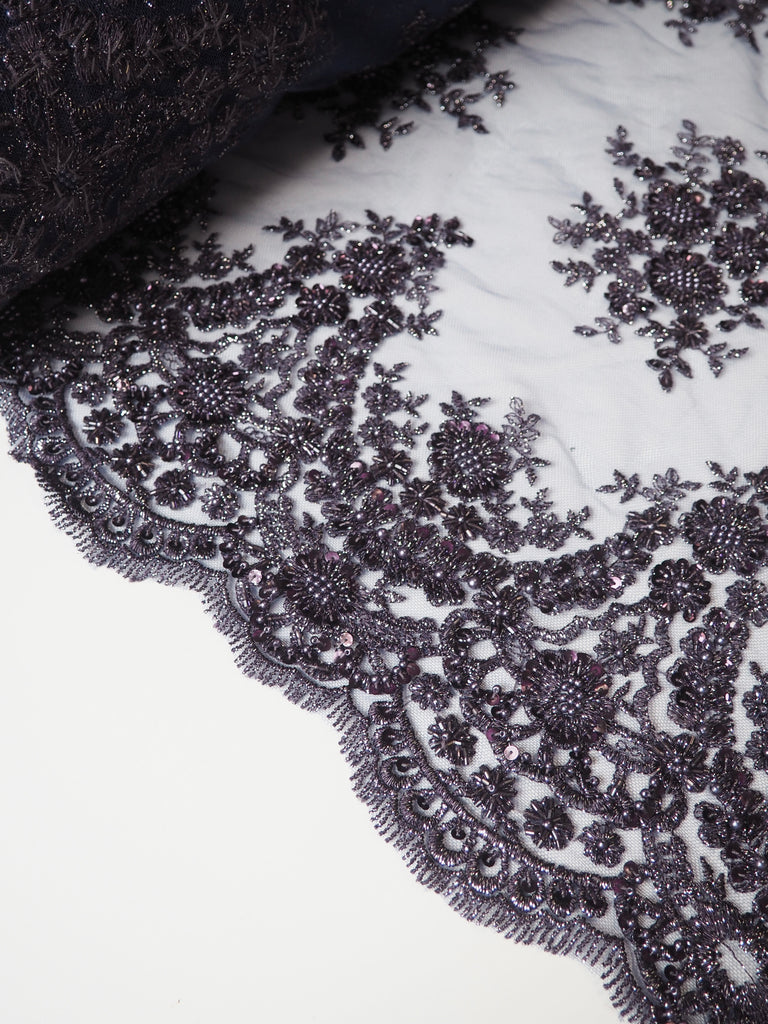 Deep Purple Lurex Floral Beaded Tulle