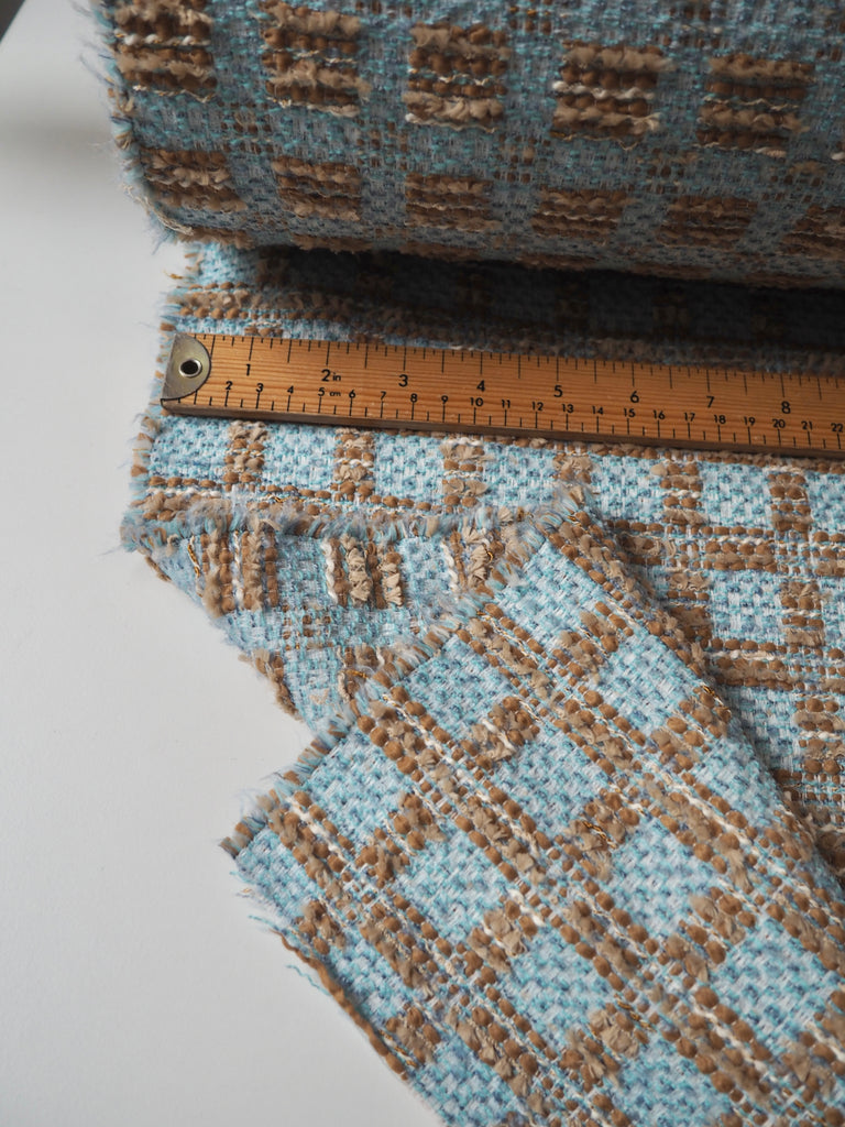 Blue + Brown Check Bouclé Wool Blend Coating