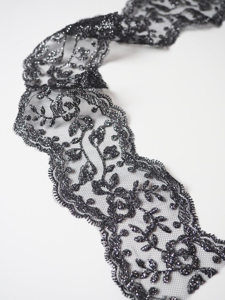 Black + Silver Lurex Rose Garland Scallop Lace Trim 6cm