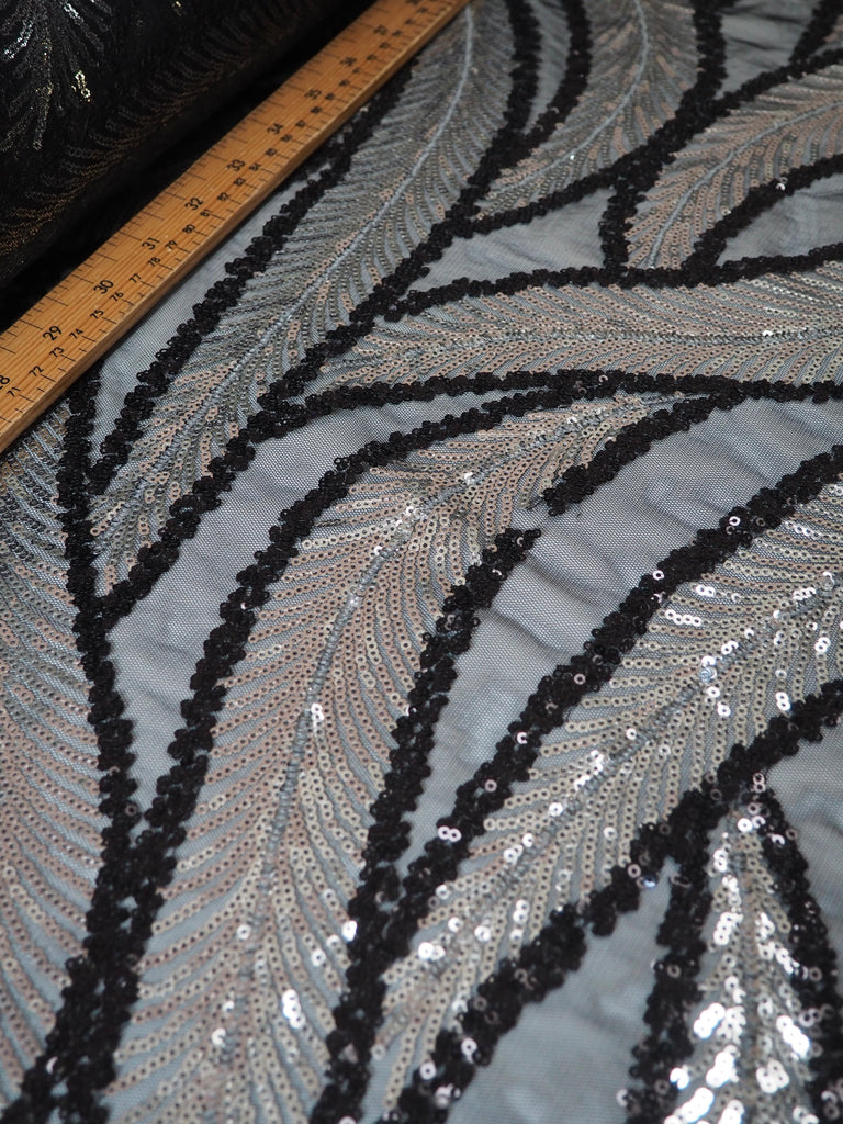 Black + Silver Feather Sequin Tulle