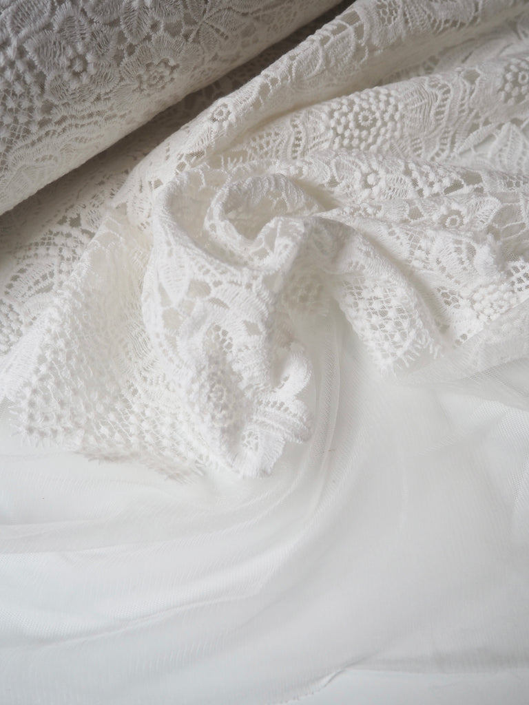 White Floral Cotton Embroidered Tulle