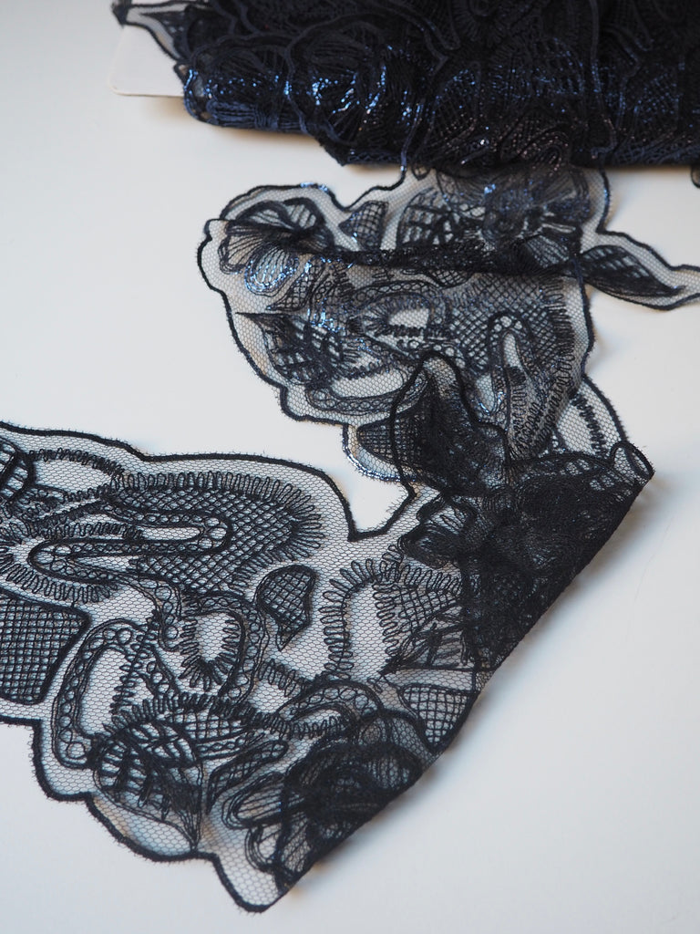Blue Foiled Leaf + Bud Abstract Lace Trim