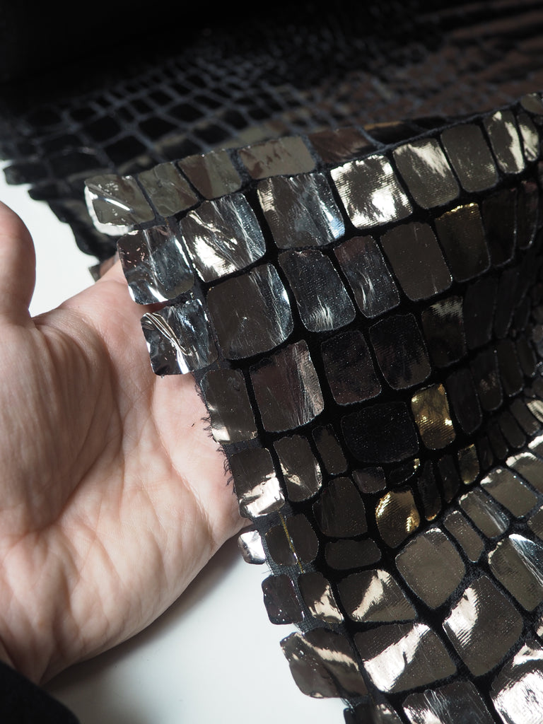 Silver Croc Foiled Black Silk/Viscose Velvet