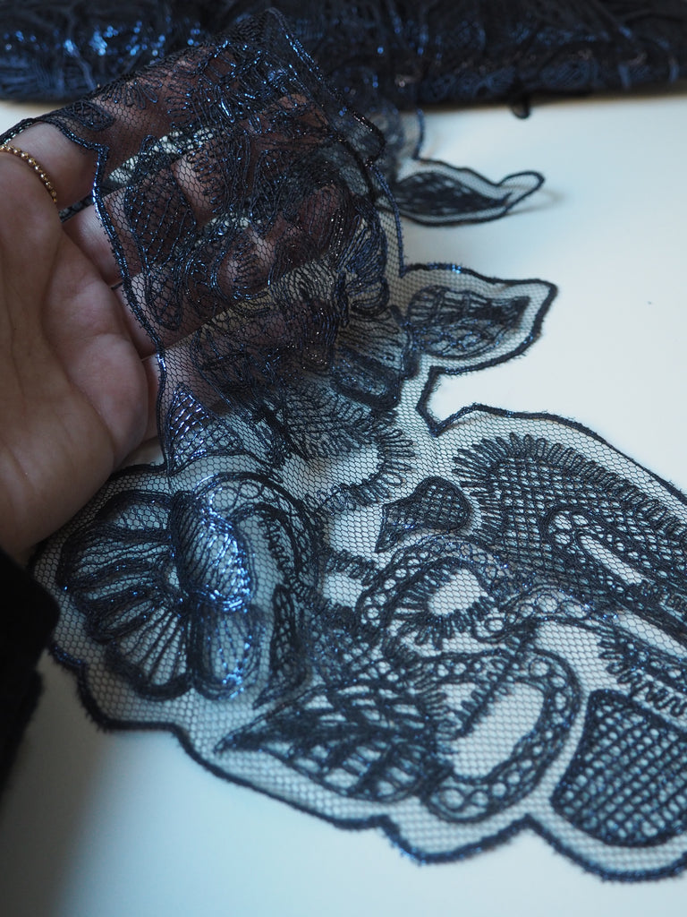 Blue Foiled Leaf + Bud Abstract Lace Trim