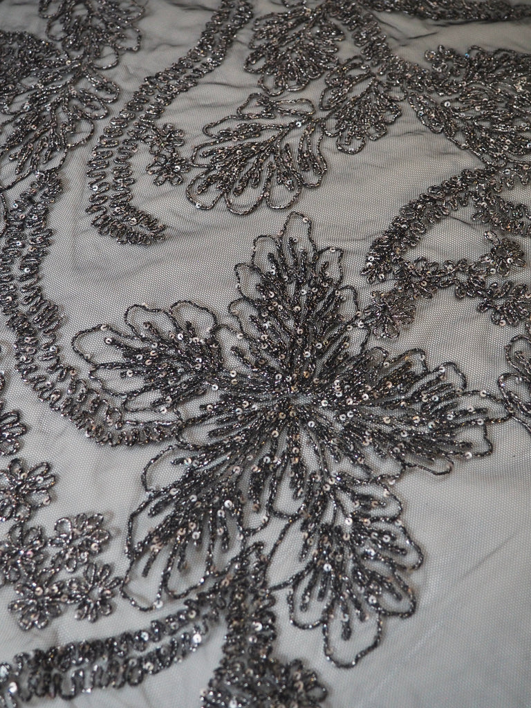 Gunmetal Lurex Embroidered Garland Tulle