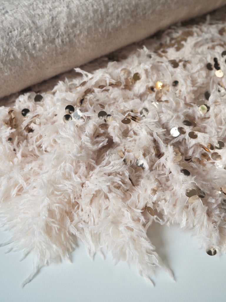 Cream Feather Fringed Gold Sequin Knit