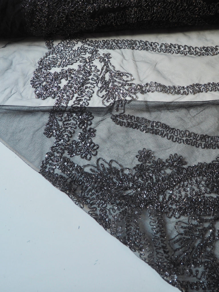 Gunmetal Lurex Embroidered Garland Tulle