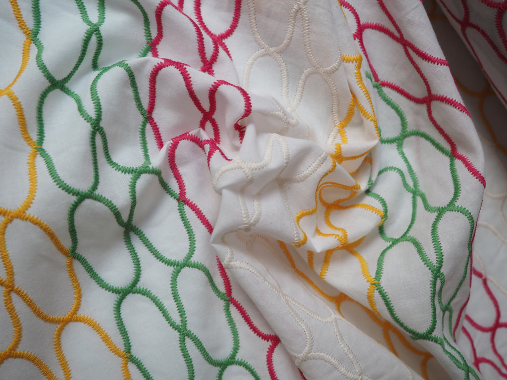 White + Multicolour Embroidered Stripe Cotton