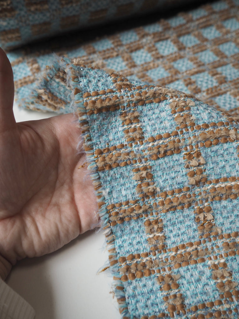 Blue + Brown Check Bouclé Wool Blend Coating