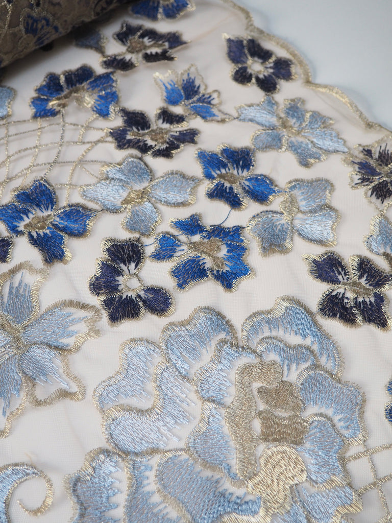 Blue + Gold Lurex Floral Embroidered Scallop Tulle