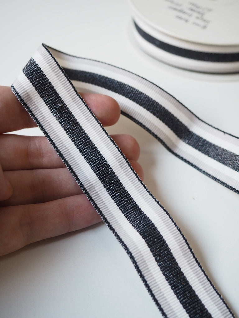 Black + White Lurex Stripe Grosgrain Ribbon 25mm