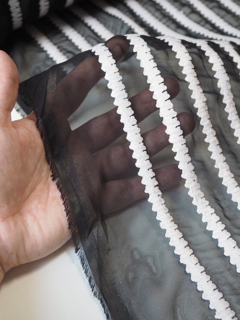 Monochrome Embroidered Stripe Chiffon
