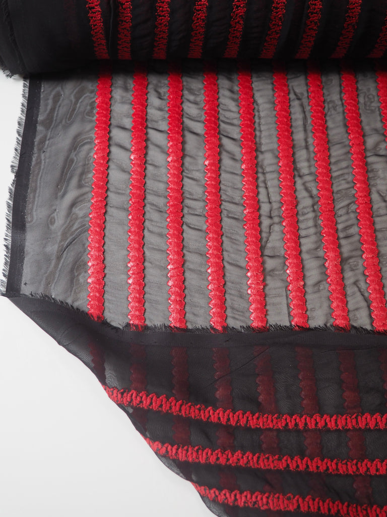 Red Embroidered Stripe Chiffon
