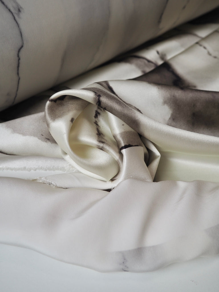 Cream + Grey Marbled Heavy Silk Satin