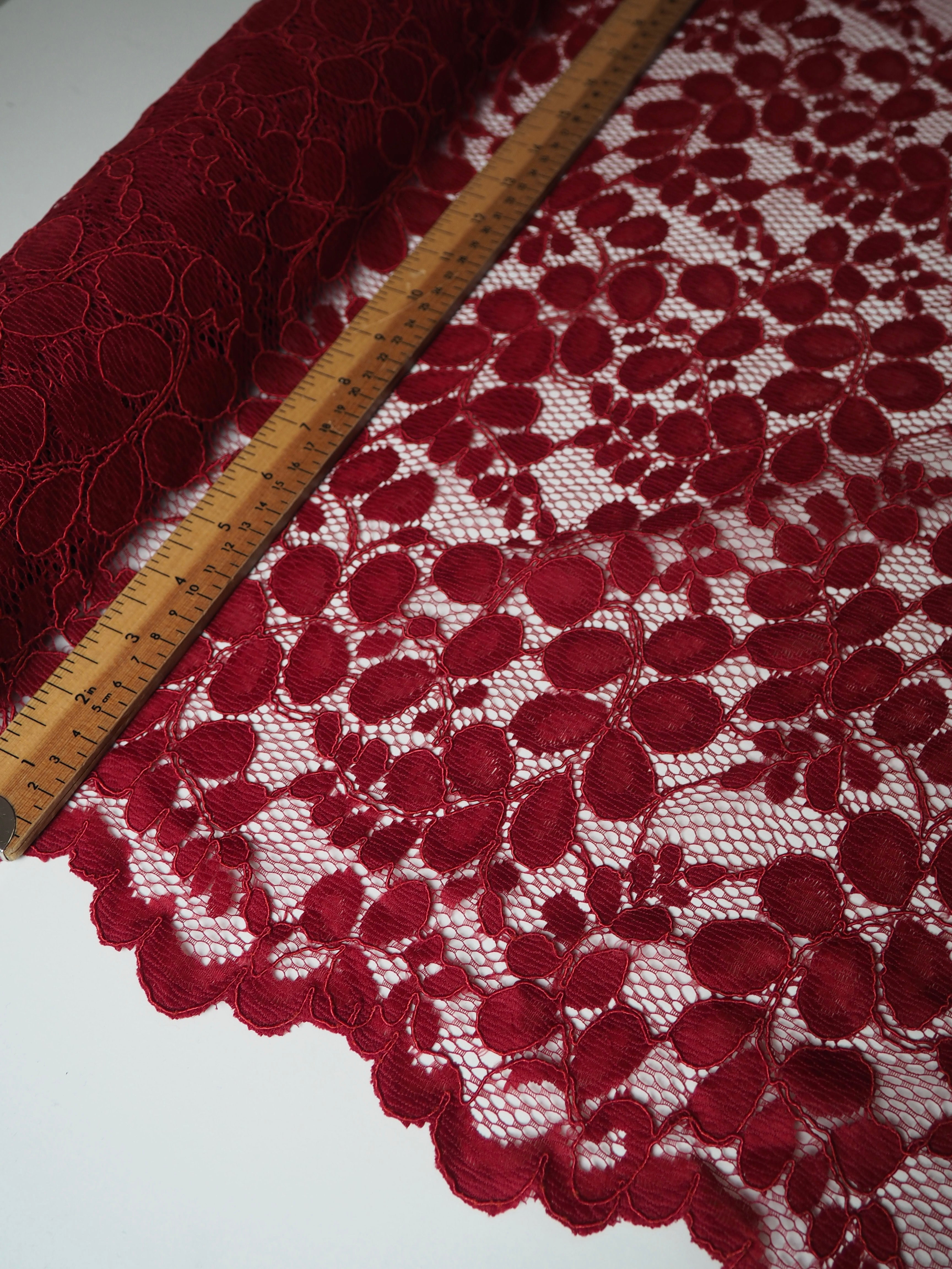 Red scallop corded lace $38.99/m 140 cm wide - Gardams Fabrics