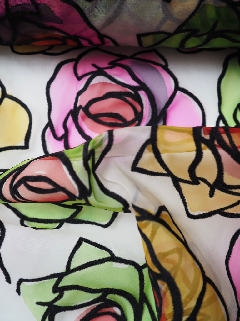 Neon Rose Flocked Velvet Silk Organza