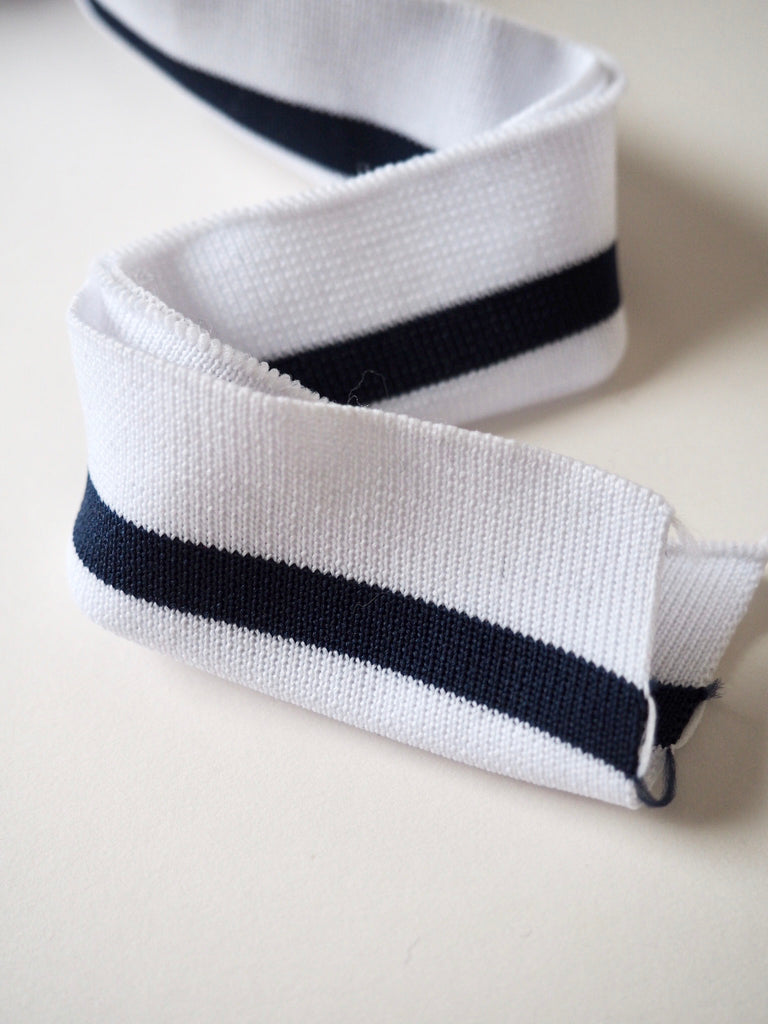 White with Navy Blue Stripe Double Ribbed Cuff 3.25cm